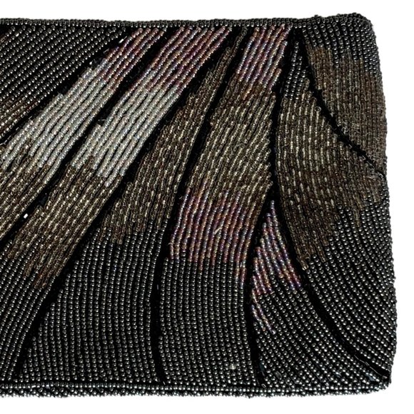 RARE gray+gold+black beaded Art Deco evening clutch handbag w/zipper tassel - Picture 4 of 6